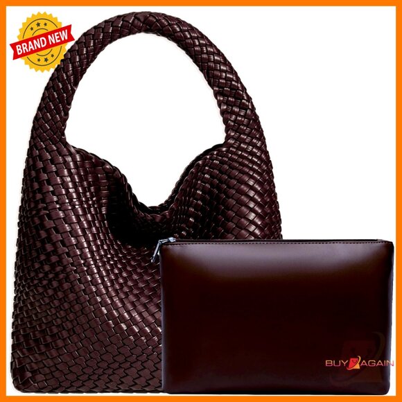 Vegan Leather Woven Hobo Tote Shoulder Bag with Purse Compartments